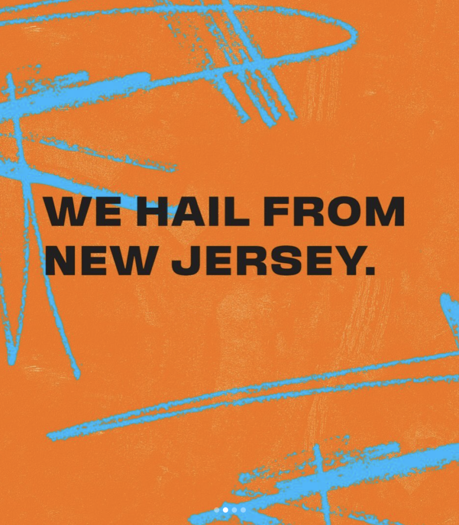 The image features a bold background with orange hues and blue scribbles, overlaid with black text that reads "we hail from New Jersey. Beale Street Music Festival.